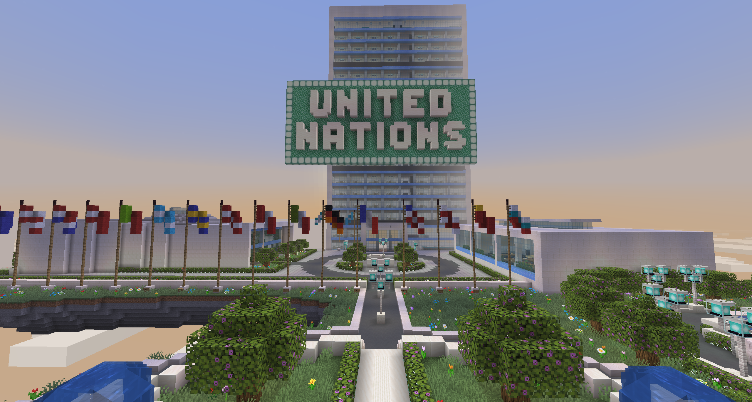 United Nations headquarters in Grand Civitas, a Minecraft Towny civilization-building and geopolitics server