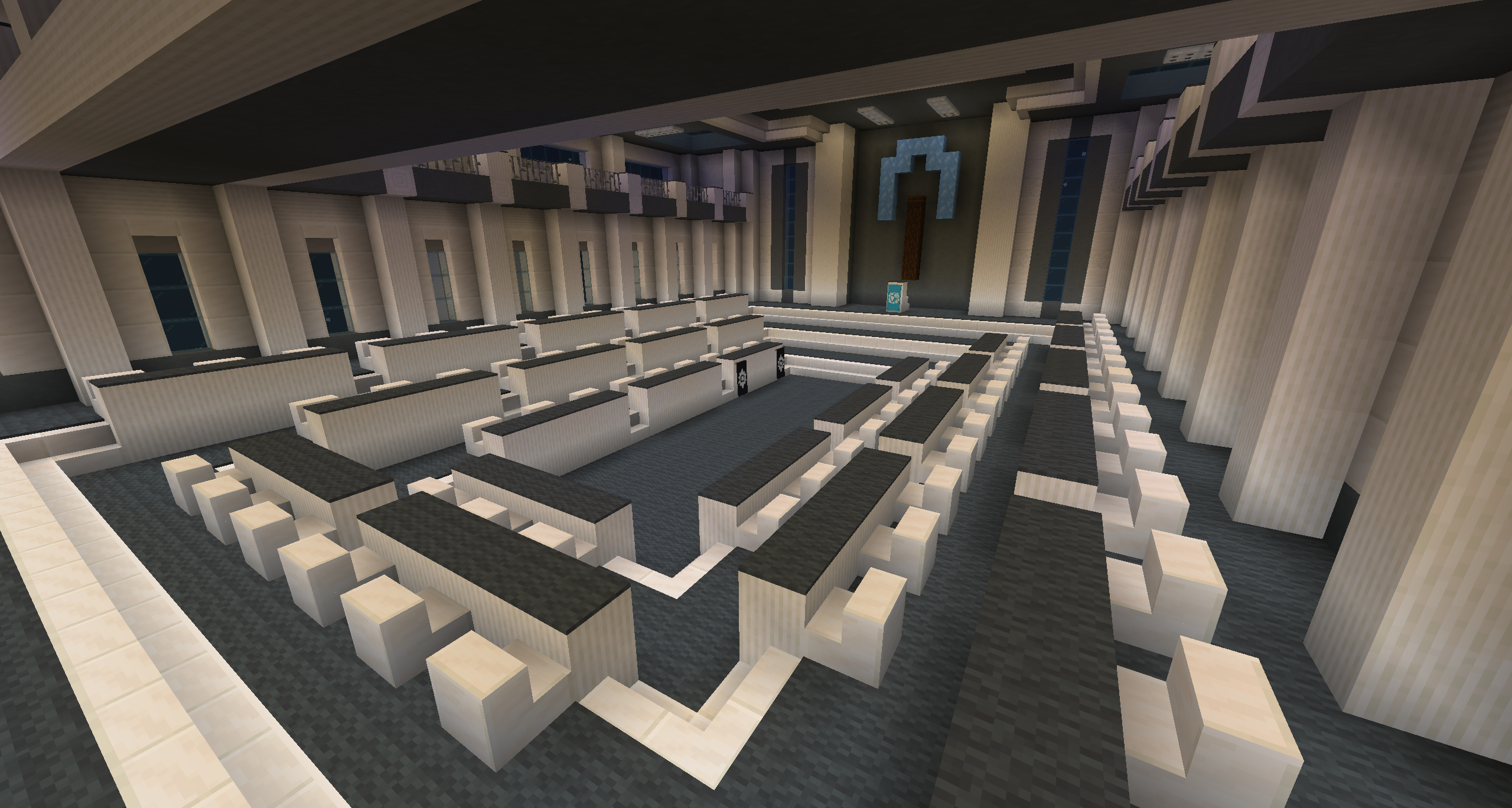 United Nations assembly chamber where player nations vote on geopolitics in the Grand Civitas Minecraft Towny server