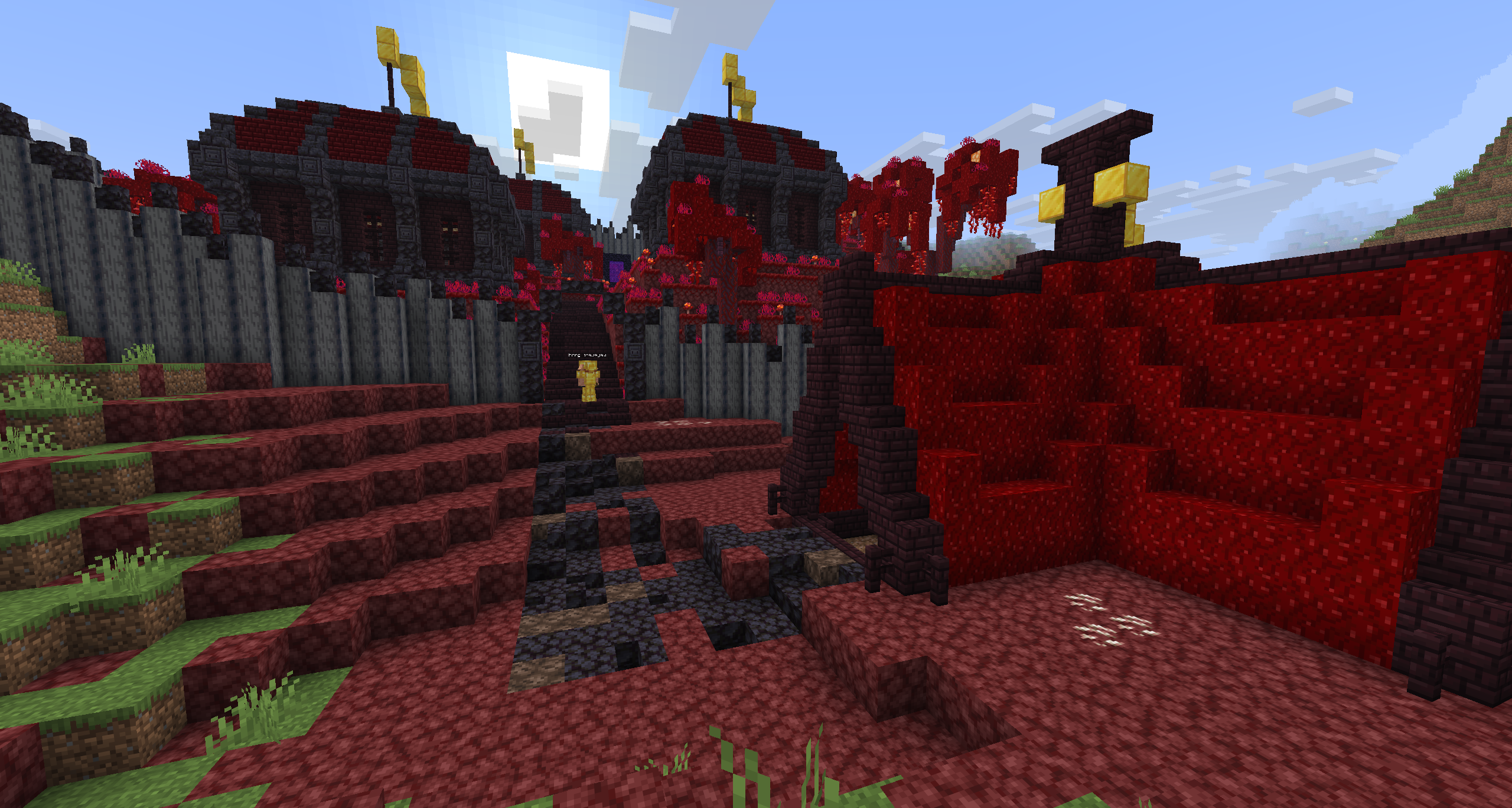 Fortified town gate in the Grand Civitas fictional world, immersive Minecraft Towny roleplay