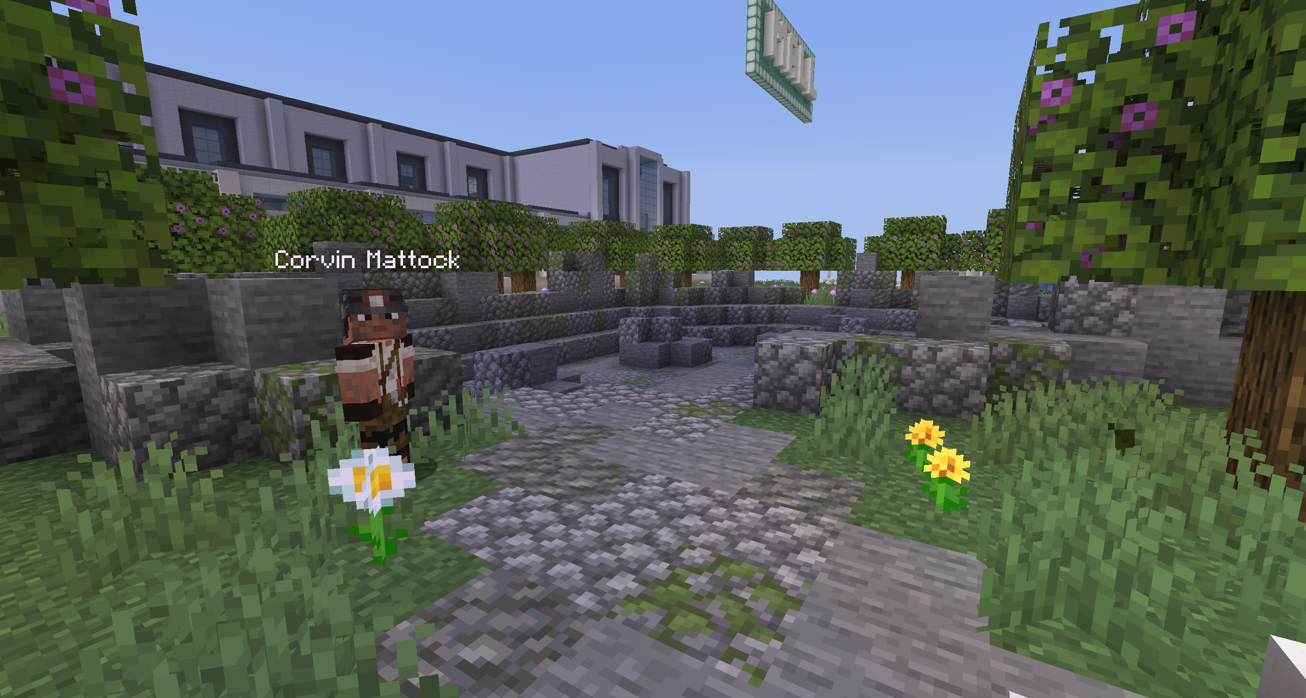 Corvin Mattock the NPC guide beside a RuneScape-style mining rock in Grand Civitas, a Minecraft RPG server